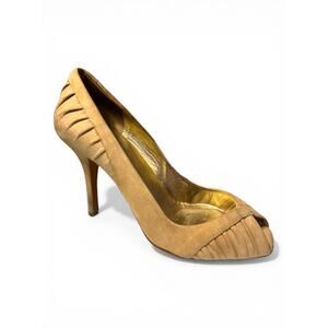 Prada Tan Suede Peep Toe Heels Pleated Ruched Stiletto Pump EU 37 Royal Vintage